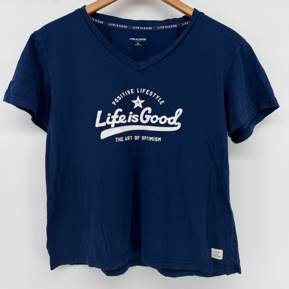 Life is Good Sleep Womens Medium Navy Blue V-Neck Graphic T-Shirt Medium